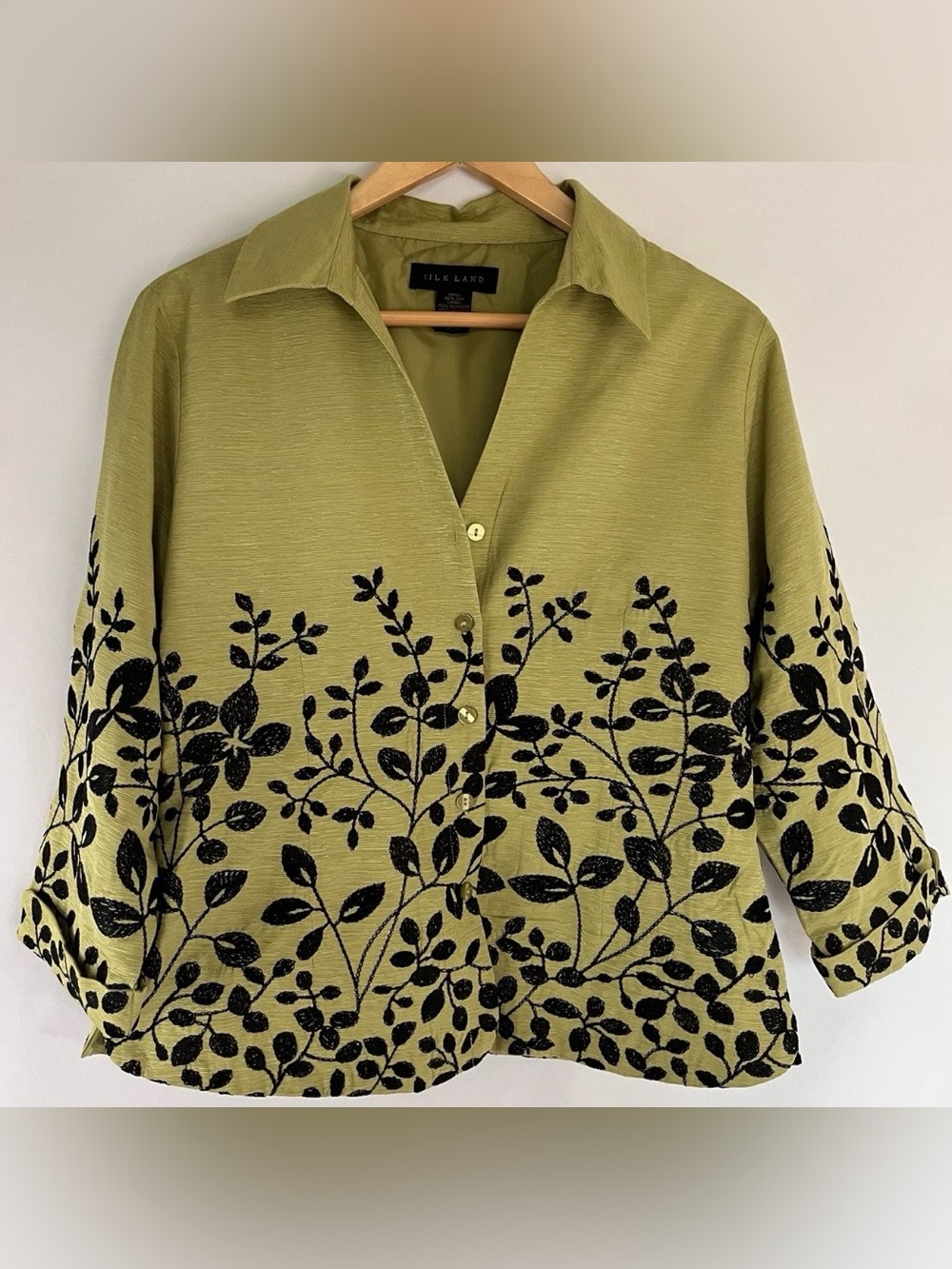 Silkland 100% Silk Chartreuse Green Black Vine Embroidered Lined Shirt Jacket L
